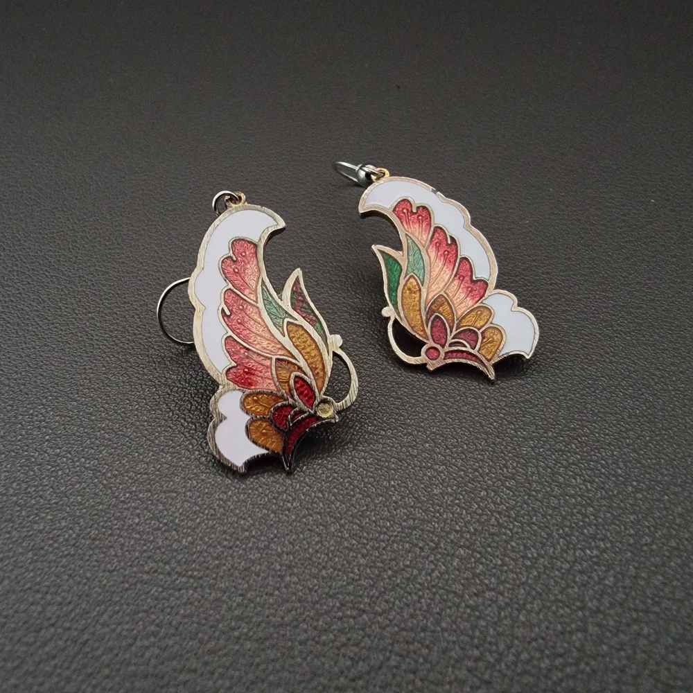 Vintage Cloisonné Butterfly Wing Earrings Art Nouveau Style